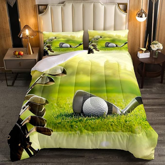 Erosebridal Golf Comforter Set Full Size,Golf Clubs Bedding Set, Sports Game Theme Duvet Set Green Quilt Set, Boys Room Decorative Comforter Set Soft Breathable Ultra Lightweight