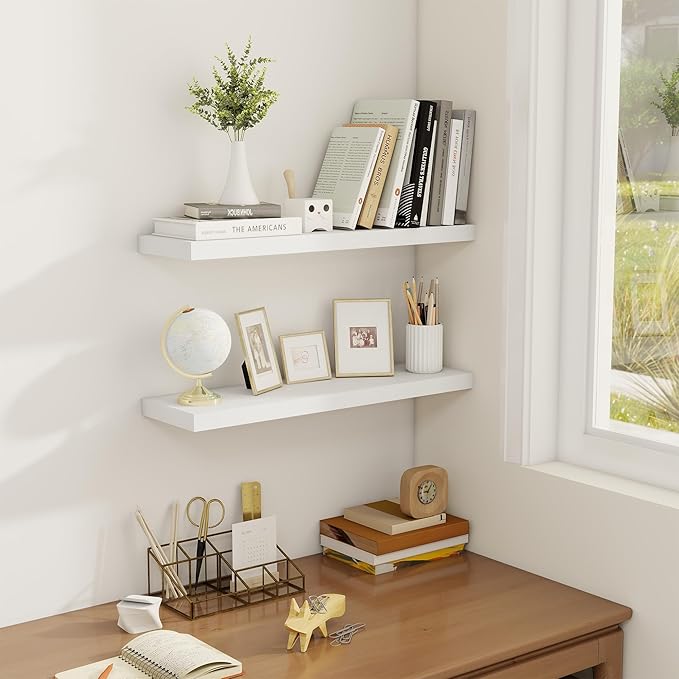 Fun Memories Floating Shelves for Wall, 24" Rustic Wood Deep Wall Mounted Shelves with Invisible Brackets for Decor & Storage, Floating Shelf for Living Room, Bathroom (White, Set of 2)