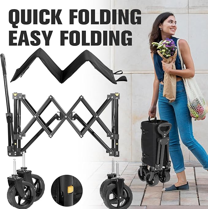 Wagon Cart Shopping Foldable Folding Collapsible with Wheels Big On Beach Garden Outdoor Grocery Heavy Duty Utility All Terrain Portable Wagons Carts for Groceries Sand Camping Sports Black
