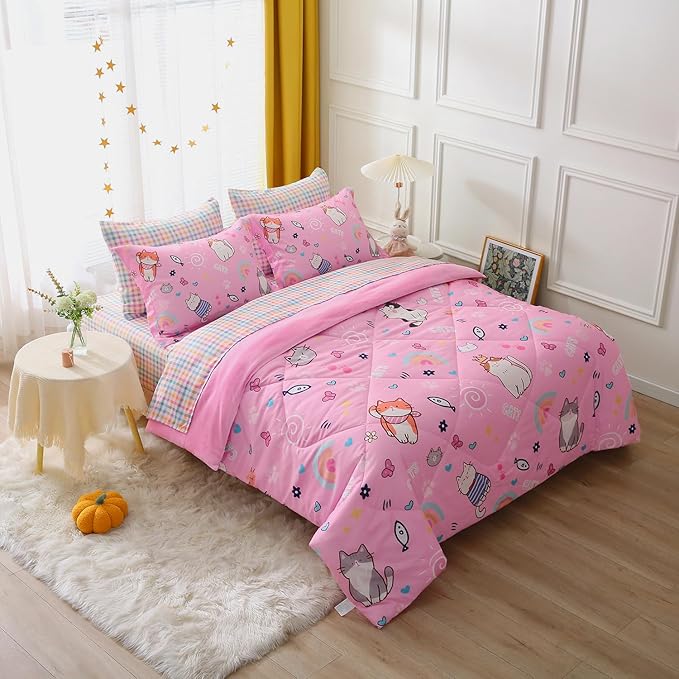 Kids Cute Cat Comforter Set Full Size 7 Piece Pink Rainbow Star Sun Heart Bed in A Bag Kawaii Animal Butterfly Fish Bedding Set for Girls Teens Super Soft All Season