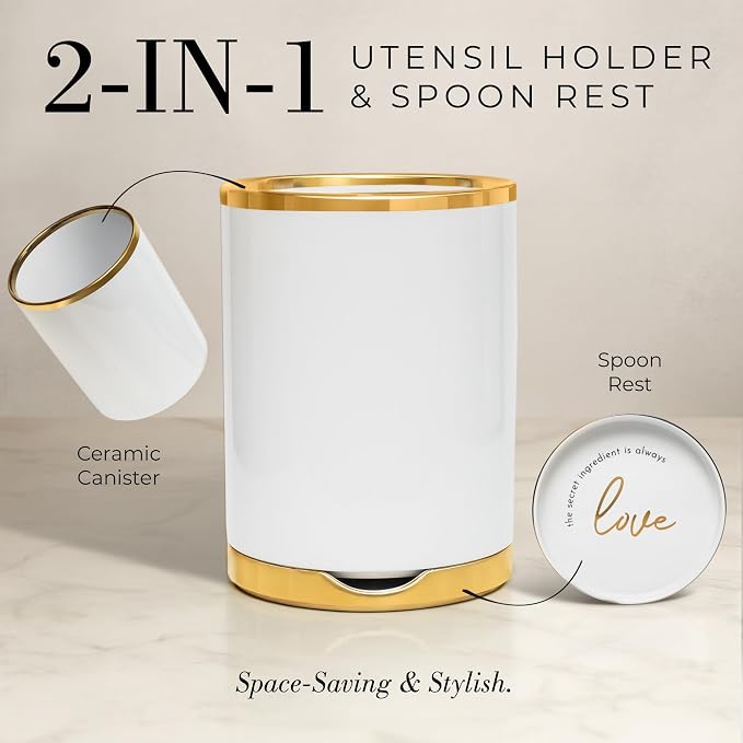 Styled Settings White and Gold Kitchen Utensils with Holder, 8-Piece | Heat Resistant, Nonstick, White Silicone Cooking Utensils Set, Ceramic Utensil Holder & Stackable Gold Spoon Rest