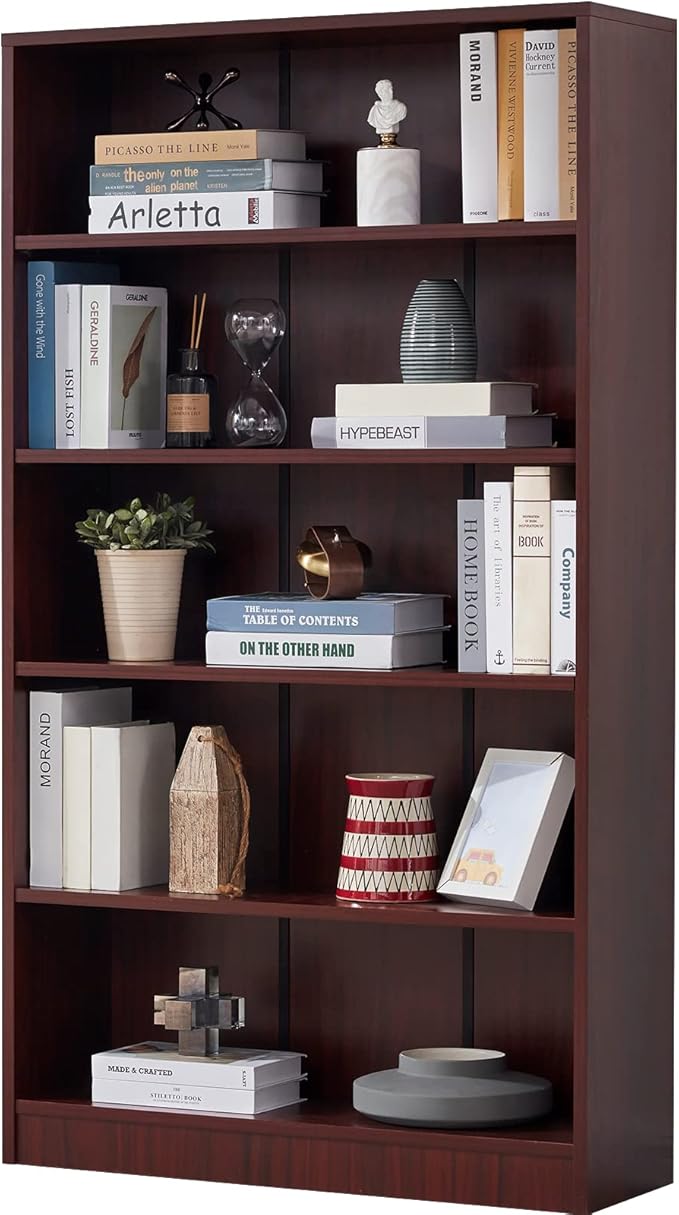 Farini Mahogany Bookshelf for Bedroom 5 Shelf Office Bookcase 60 Inches Tall Modern Wood Bookshelf for Living Room 5 Tier Wide Manga Bookshelf Library Bookcase