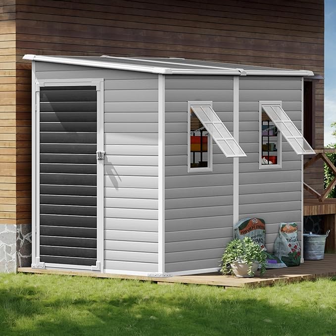 8x4 FT Resin Lean to Shed, Waterproof Outdoor Storage Shed with Floor, Adjustable Openable Window, Lockable Door & 2 Windows, Tool Shed for Patio Garden, Lawn, Backyard, Dove Grey