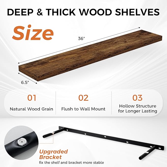 36Inch Floating Shelves for Wall 2 Pack Wood Shelves for Kitchen, Bathroom, Bedroom Wall Mounted Rustic Wood Floating Shelf with Invisible Brackets for Books, Storage, Decor, Rustic Brown