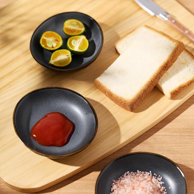 famiware Ocean Soy Sauce Dishes of 6, Oval Dipping Sauce Cups/Bowls for Kitchen, 2.1oz Ceramic Small Bowls for Side Dish, Appetizers, Snacks, and Sushi, Reactive Glaze, Dishwasher Safe, Matte Black