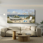 amatop Oversized Coastal Canvas Wall Art – Nautical Seaside Landscape Floral Boat on Sandy Beach Ocean Seabirds Horizontal Decor Large Wildflower Nature Artwork for Living Room Bedroom Office 58×29 Inch