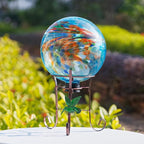 10 Inch Glass Gazing Ball, with 9.4" Tall Metal Gazing Globe Stand, Glass Balls Display Holder Set for Outdoor Garden Lawn Yard Decoration, Blue Artistic