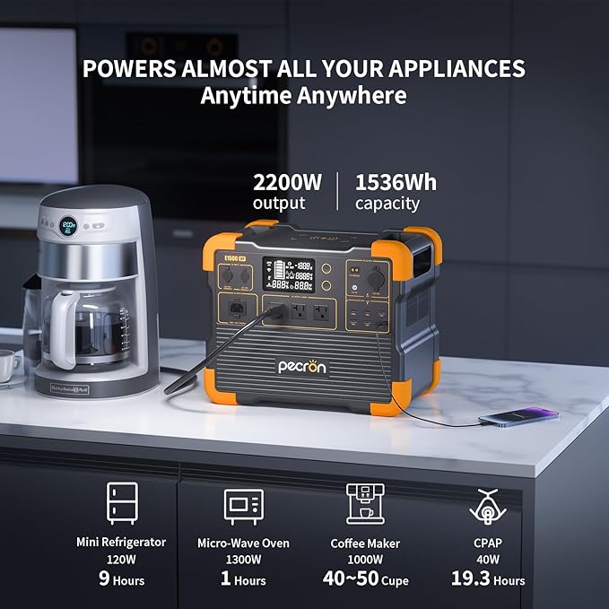 pecron E1500LFP Solar Generator with 2x200W Solar Panels, 1536Wh Portable Power Station, 2200W LiFePO4 Battery Backup for Home Use, Camping, RV