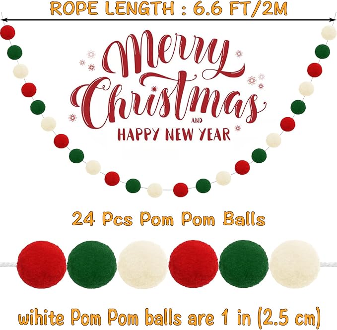 Jishi Christmas Pom Pom Garland Christmas Decorations for Tree Indoor Home Room Decor 3pk Cute Hanging Felt Ball Red White Green Pompom Bead Ornament String Banner Garland Xmas Birthday Party Supplies