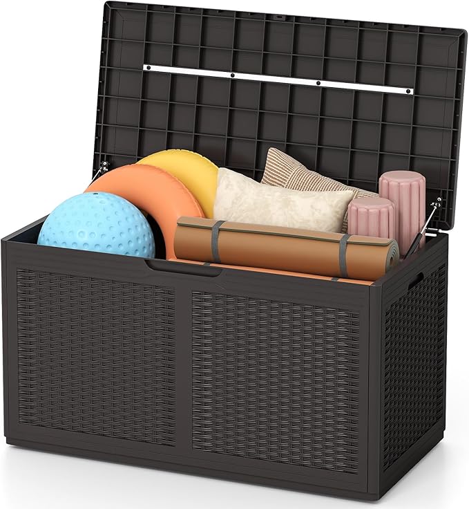 RELAX4LIFE 100-Gallon Resin Deck Box - Waterproof Outdoor Storage Box Container w/Lockable Lid & Wheels, Faux Rattan Porch Bench for Patio Furniture Cushions, Pool Accessories, Garden Tools (Brown)