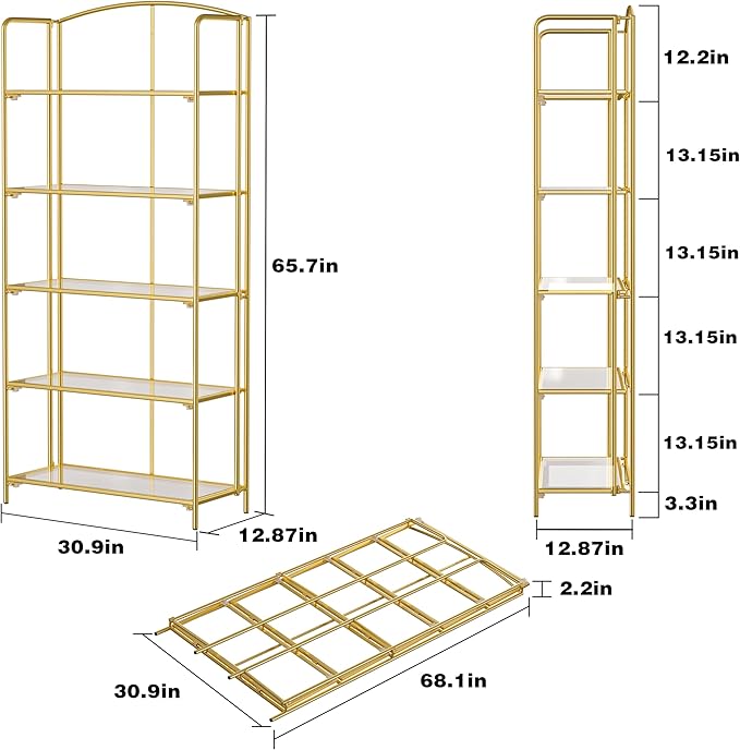 No Assembly Folding Bookshelf for Living Room, 5 Tier Gold Collapsible Book Shelf for Home Office, Portable Bookcase Storage Organizer