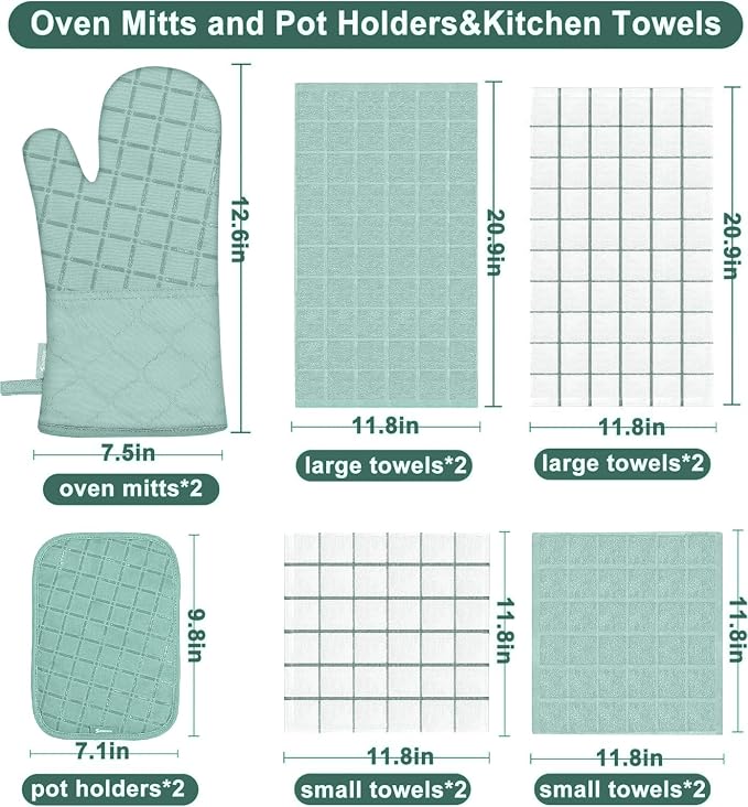 Oven Mitts Pot Holders Sets/Kitchen Towels and Dishcloths, Oven Gloves Kitchen Dish Towels 500 Degree Heat Resistant Potholders with Non-Slip Silicone Surface for Cooking, Grilling, Baking-Mint Green