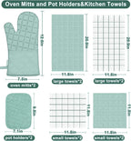 Oven Mitts Pot Holders Sets/Kitchen Towels and Dishcloths, Oven Gloves Kitchen Dish Towels 500 Degree Heat Resistant Potholders with Non-Slip Silicone Surface for Cooking, Grilling, Baking-Mint Green