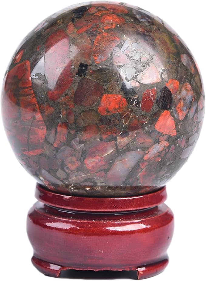 JIC Gem Brazilian Red Agate Crystal Sphere Gemstone Sphere Red Crystal Ball with Display Stand Home Decor Meditation Grid Energy Balance (50-60mm)