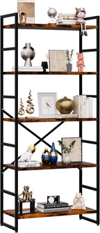 Walsunny Bookshelf, 5 Tier Bookshelves, Home Office Bookcase Shelf Storage Organizer, Free Standing Storage Shelving Unit for Bedroom, Living Room and Home Office,Rustic Brown