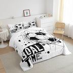 Erosebridal Kids Football Comforter Set Queen Size American Soccer Bedding Set Sports Games Duvet Sets for Boys Girls Children Teens Geometric Polygon Down Comforter for Bedroom, Black White