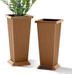 FENCY Set of 2 Tall Planters for Outdoor Plants, 24 Inch Large Tapered Pots with Drainage Trays, Weather-Resistant Plastic Plant Containers for Patio, Porch, Garden, Front Door Decor,Brown, Striped