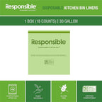 Responsible Products Kitchen Bin Liners, Certified Compostable, Heavy Duty Multipurpose Food Scrap Bags, Made from Compostable Materials (30 Gallon Drawstring, (18 Count))