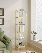 Bookcase Bookshelf, Tempered Glass Arched Bookshelf for More Storage, Slim Shelving Unit for Bedroom, Bathroom, Home Office, Steel Frame, 5 Tier Gold BC20599G