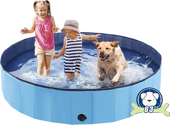 Foldable Dog Pool, Portable Pet Bath Tub and Kiddie Swimming Pool, Collapsible Bathtub for Puppies, Small, Medium and Large Dogs, Cats and Kids, 63 x 12 in, Blue