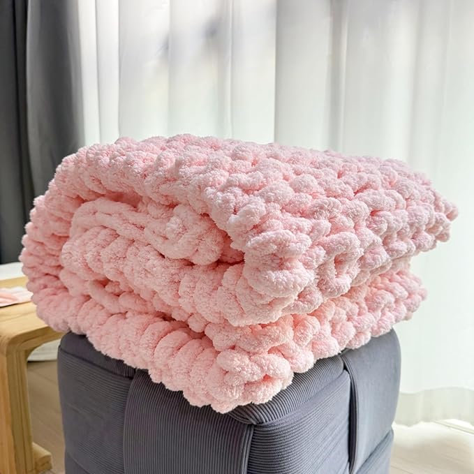 Chunky Knit Blanket Throw 40"×40", Chenille Throw Blankets, Handmade Warm & Cozy Blanket Couch Bed Home Decor, Soft Breathable Fleece Banket, Christmas for Couch Bed Sofa Best Gift (Pink)