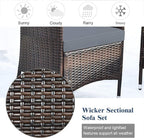 Goplus 4-Piece Rattan Patio Set, Outdoor/Indoor Wicker Conversation Set for Pool, Backyard, Lawn, Wicker Chairs and Sofa with Soft Cushion, Rattan Furniture with Tempered Glass Coffee Table