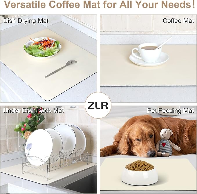 ZLR Large Coffee Bar Mat for Coffee Station, 16"x24" XL, Creamy | Oversized Counter Protector, Absorbent Dish Drying Mat, Fits Espresso, Grinder, Frother & Cup Display, Hides Stains