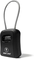 Iron Lock® Medium Key Lock Box with Code, 15-in Steel Cable Shackle (Black) | Built-in key hooks + catch tray; hangs on handles, gates, fences or a hasp; wall-mountable; dial cover; no batteries