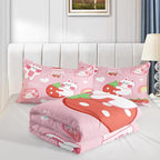 Strawberry Rabbit Comforter Set for Kids Teens Girls Women,Pink Bunny Kids Comforter,1 Comforter with 2 Pillowcase, Microfiber 3 Piece Bedding Set,for All Seasons(Pink，Twin Size)