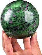 JIC Gem Large Gemstone Sphere Ball Ruby Zoisite Healing Crystal Ball Red&Green Crystal Sphere with Wood Stand Crystal Decorative Ball Home Decoration (90-100mm)