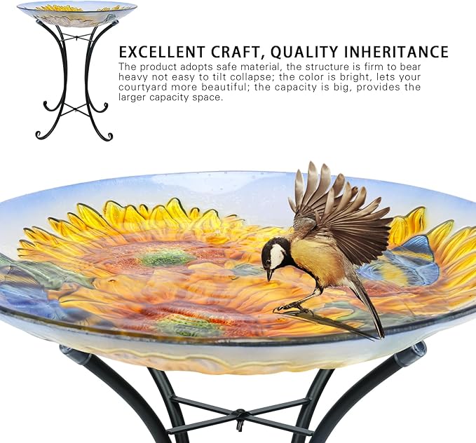 MUMTOP Outdoor Glass Birdbath with Metal Stand for Outside Lawn Yard Garden Sunflower Decor,18” Dia/21.65 Height
