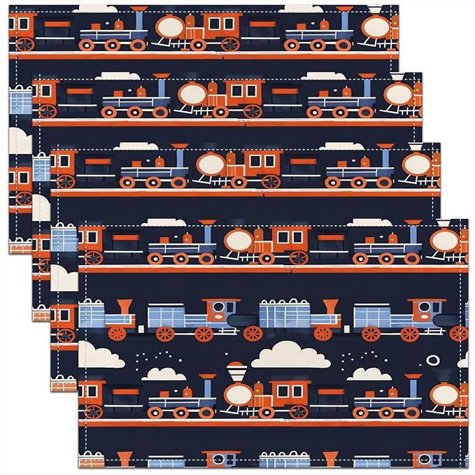 Feelyou Train Placemats Set of 4 Cartoon Train Transportation Table Mats Colorful Steam Engine Place Mat for Kitchen Dining Table Party Decor Indoor Outdoor 18"x12" Easy to Clean
