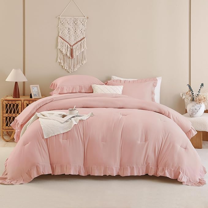 Andency Blush Pink Ruffle Comforter King, 3 Pieces All Season Farmhouse Shabby Chic Comforter, Vintage Rustic Soft Microfiber Down Alternative Bedding Comforter Set