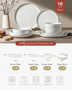 Famiware Milkyway Stoneware Dinnerware Sets with Pasta Bowls, Service for 4 (16 Pieces), Plates and Bowls Sets -Scratch Resistant, Microwave and Dishwasher Safe Dishes Set, White