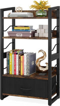 Small Bookshelf with Drawer: 4-Tier Wood Book shelf Industrial Narrow Bookcase Storage Organizer Metal Stackable shelves for Desktop Bedroom Living Room Home Office (Rustic Brown)