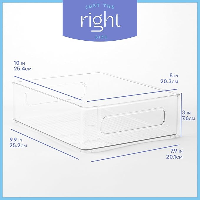 Plastic Food Storage 4 Pack Clear Container Bin with Handles for Organizing Kitchen, Pantry, Refrigerator, Freezer, Pantry, Cabinet, Closet, Bathroom. Stackable 10”x8”x3”