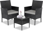 Patio Set 3 Piece Outdoor Rattan Porch Furniture with Tempered Glass Side Table & Cushion All Weather Conversation Bistro Set for Balcony,Deck,Porch (Brown/Beige)