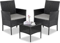 Patio Set 3 Piece Outdoor Rattan Porch Furniture with Tempered Glass Side Table & Cushion All Weather Conversation Bistro Set for Balcony,Deck,Porch (Brown/Beige)