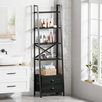 Furologee 5-Tier Ladder Shelf with 2 Drawers,Narrow Bookshelf Storage Shelves,Industrial Bookcase Freestanding Shelf Units for Bedroom,Living Room,Bathroom,Home Office,Balcony,Wood Metal, Black Oak