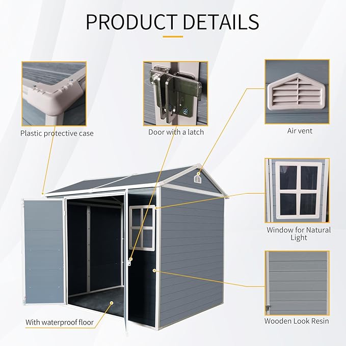 8x6 FT Resin Storage Sheds Outdoor with Floor, 2 Windows & Lockable Door Storage Shed - Waterproof Garden Tool Shed, Patio & Backyard Tool Storage Cabinet Use - Gray
