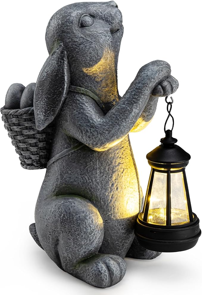 Solar Garden Outdoor Statues Rabbit with Solar Lantern,Outdoor Bunny Figurines Decorations,Lawn Decor Bunny Statue for Patio, Balcony, Yard Ornament,Unique Housewarming and Easter Gifts