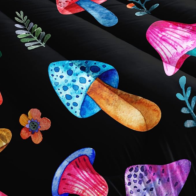 Colorful Mushroom Comforter Set Full Size Kids Mushroom Flora Bedding Set Botanical Plant Theme Print Quilt Bed Set for Boys Girls Adults with 1 Comforter and 2 Pillowcases