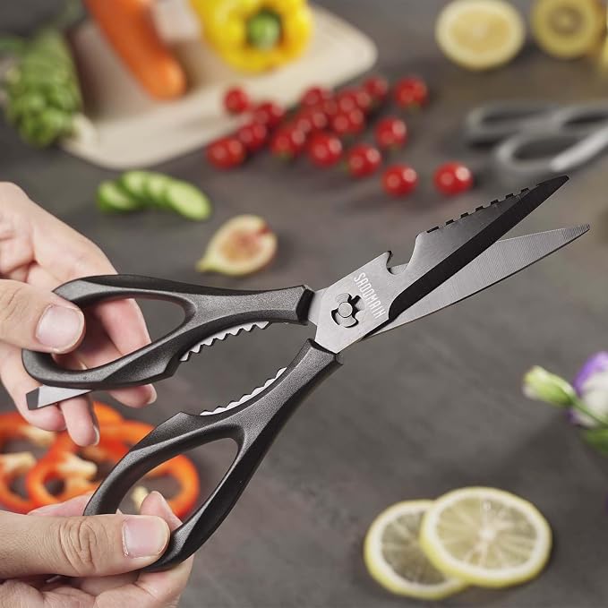 Kitchen Scissors All Purpose, Extra Sharp Kitchen Shears with Knife Sharpener & Sheath, Solid & Durable Stainless Steel Scissors with ANTI-RUST Black Titanium Plated, Dishwasher Safe – 3 Pack