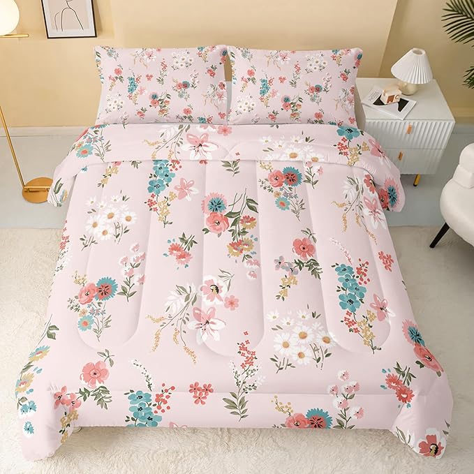 Floral Comforter King Size,Pink Floral Kids Comforter Set,3Pcs Bedding Set Printed Comforter with 2 Pillowcases,Down Alternative,Soft and Lightweight,for All Seasons