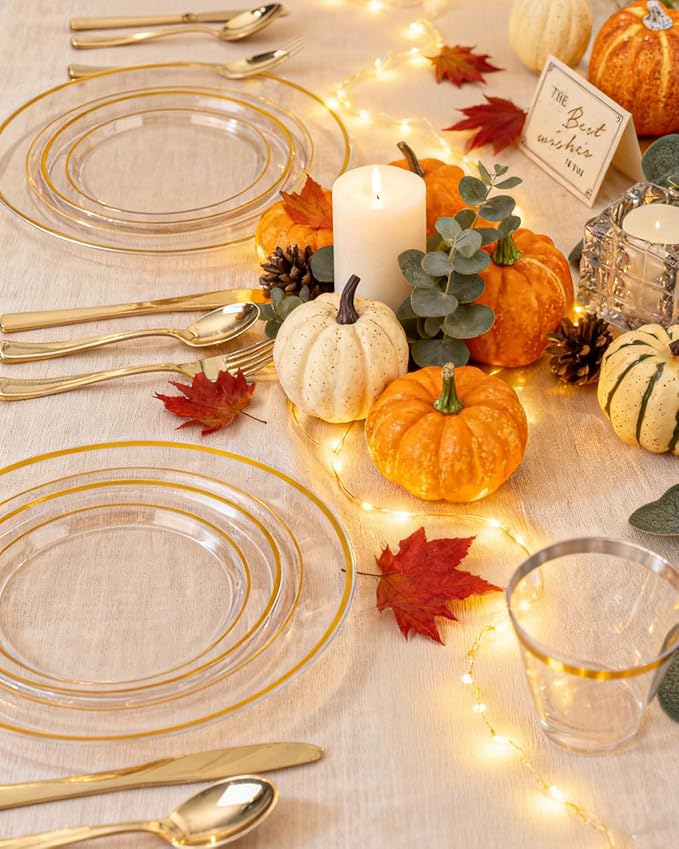 bUCLA 300Pcs Clear Gold Plastic Disposable Dinnerware Set - Clear Plates with Gold Trim Include 50 Dinner / 50 Dessert Plates,50 Cups,150 Plastic Silverware Set for Party, Fall & Thanksgiving