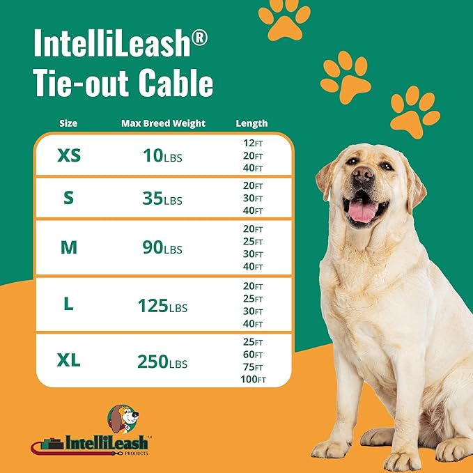 IntelliLeash 20FT Tie-Out Cables for Dogs - Strong, Safe, and Durable Dog Tie-Outs for Small Dogs up to 35 Pounds - Weather and Wear Resistant Galvanized Aircraft Cable for Outside Use