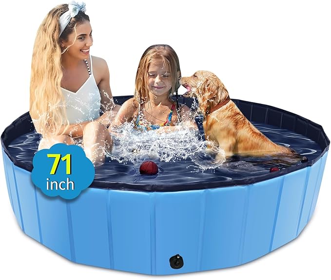 Foldable Dog Pool, 71" x 12" Large Kiddie Pool with Hard Plastic, Non-Slip Dog Bath Tub for Outdoor Backyard, Collapsible Dog Swimming Pool for Kids Dogs Pets (Blue)