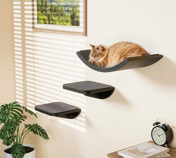 Grey Sisal-Padded Cat Wall Steps (2-Pack), Floating Wooden Cat Perch and Climbing Step Set, Wall Mounted Furniture for Jumping & Play