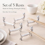 ChezMax Pack of 5 Zinc Alloy Chopsticks Spoon Forks Knives Tableware Rest Set, Silver Bow Tie Cat