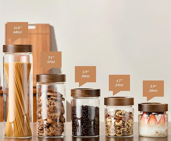 Glass Canister Set of 5 with Acacia Wood Lids Airtight Food Storage Jars for Kitchen Pantry Organization Containers for Spaghetti, Flour, Sugar, Coffee, Tea, Overnight Oats Yogurt More